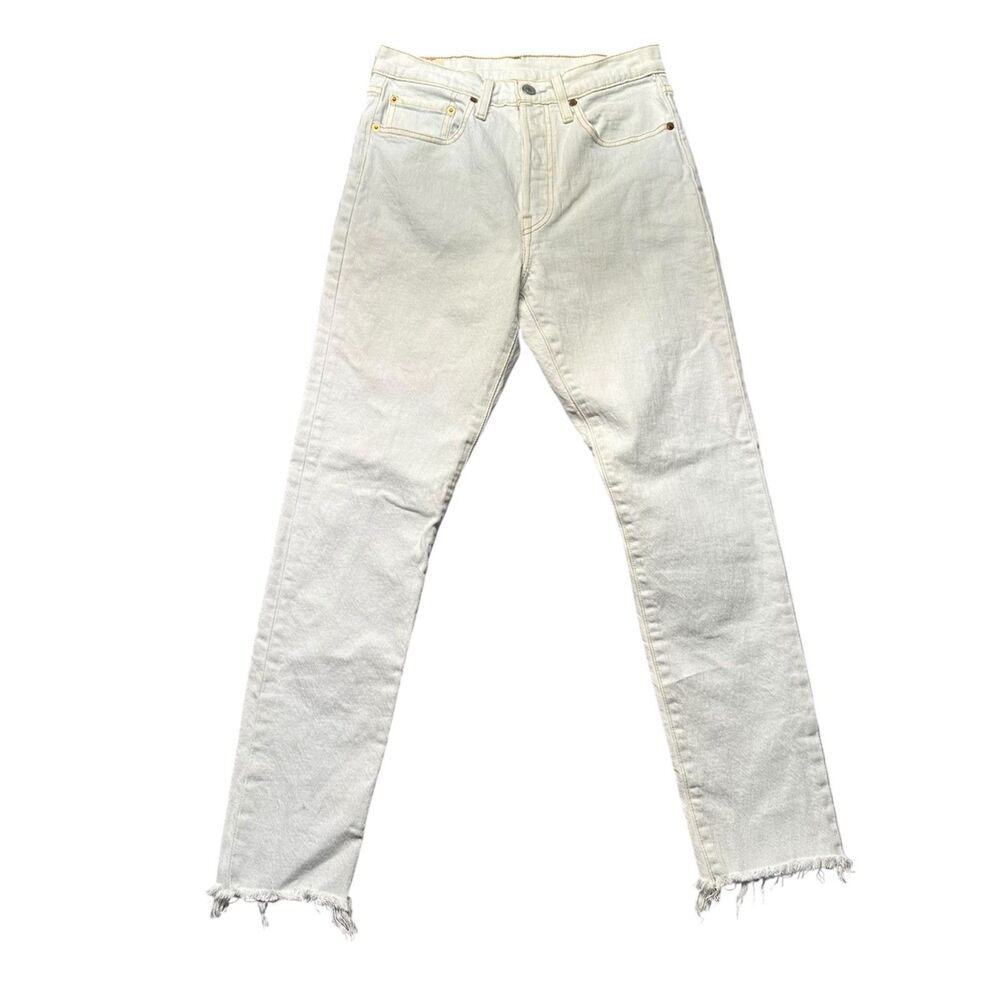 Levis Womens 27X28 501 Big E Skinny Jeans White Button Fly Raw Hem Denim EUC